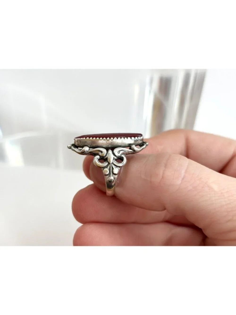Carnelian Gemstone Jumbo Art Nouveau Sterling Silver 925 Vintage Ring - sz 5